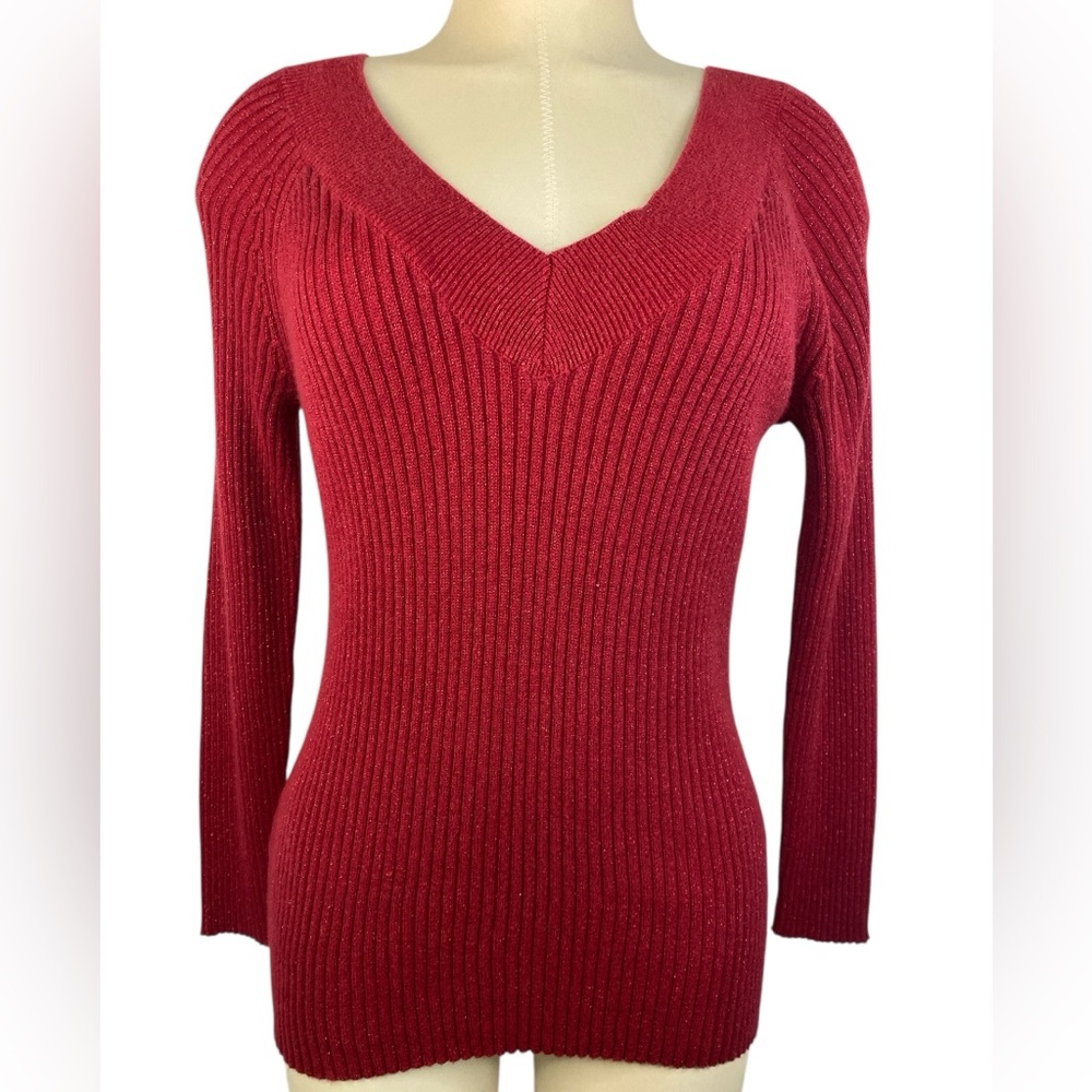 New York Company Red Metallic Long Sleeve V-neck Sweater Women’s Large